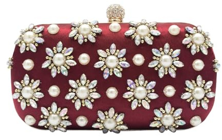 CORIOS Bolsa de Noche para Mujer con Diamantes de Imitación y Cristal - Elegante Bolso de Hombro con Perlas para Fiesta y Boda - Pequeño Clutch Lujoso Vino Tinto