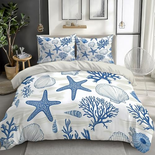 CozyRest Bettwäsche Set Blauer Seestern Koralle Muscheln, 200 x 200 cm Bettbezug, Mikrofaser Wendebettwäsche mit Reißverschluss, 2 Kissenbezüge 80x80 cm, Weich & Pflegeleicht, Doppelbett