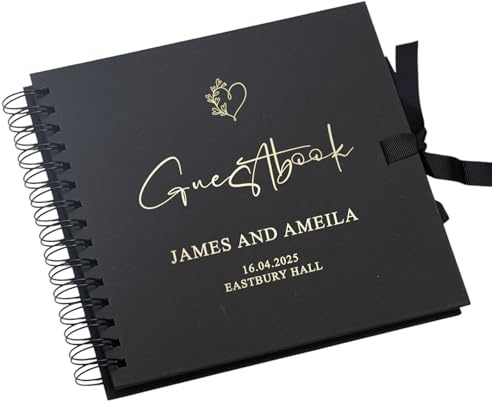 Personalised Wedding Guestbook with Delicate Heart Foil Design, 20.3 x 20.3 cm, Spiral Binding, Multiple Colours (Black)