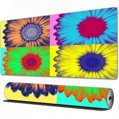 FEHWI Mauspad 80×30 cm Verlängertes großes Mauspad Schreibtischauflage,Moderne Kunst Pop Art inspiriert bunt kitschig Daisy Blume hart Kanten West,genähte Kanten Gaming Mauspad,rutschfeste Gummibasis