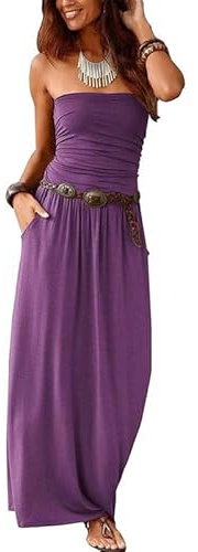nicticsi Vestito Casual da Donna Senza Spalline Bohemian Abiti Lunghi Elegante Gonna da Spiaggia a Tinta Unita off Shoulder Tube Top Comodo e Traspirante Maxi Vestito Estate A Viola Chiaro S