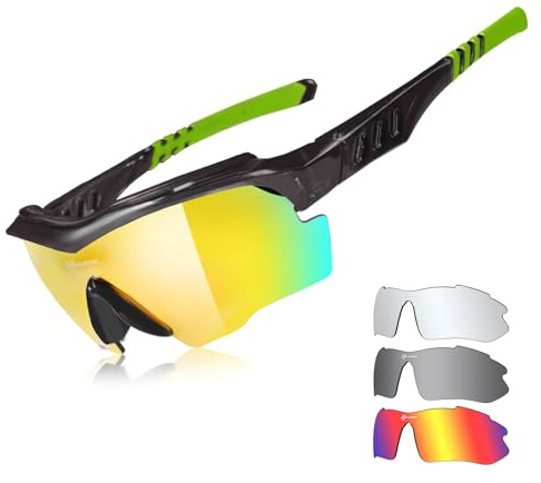 ROCKBROS Polariserade sportsolglasögon för män kvinnor cykelglasögon UV-skydd med 3 utbytbara linser, cykelglasögon, baseboll, körning, fiske, löpning, golf, svart, grön