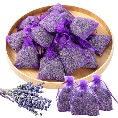 QOEOTUY Sacchetti Profumati Lavanda - 20x Lavanda Vera Essiccata - Antitarme per Armadi Vestiti, Guardaroba, Cassetti - Profumatori Ambiente