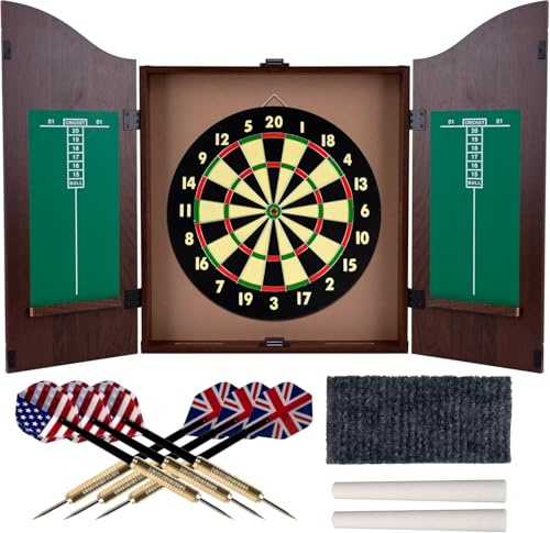 18“ Massivholz Borsten Dartboard Schrank Set Dartspiel Center mit selbstheilenden Sisal/Doppelseitige Dartscheibe, Profi Dartboard Set mit 6 Tip Darts, Classic Dartboard mit Schrank