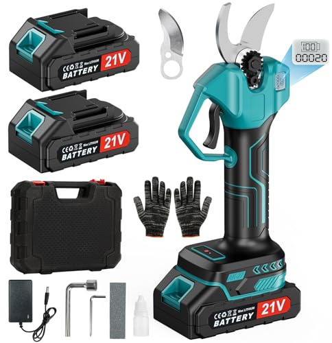 Tijeras de Podar Eléctricas con 2 Baterías 21V 2000mAh, Motor Sin Escobillas, Pantalla LCD y Acero SK5, Capacidad de Corte 30mm, Tijeras de Jardín Profesionales para Podar Ramas y Árboles