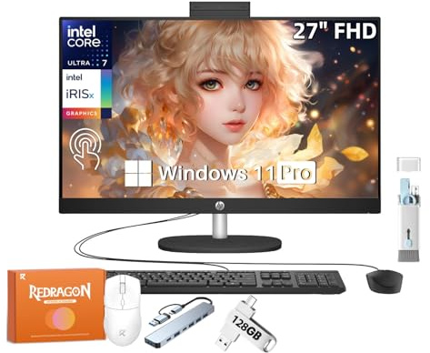 HP All-in-One Desktop Computer, 27 FHD Touch Screen, Intel 12-core Ultra 7 155U(Up to 4.8 GHz), Intel IrisX Graphics, 32 GB DDR5, 1 TB SSD, Wired KB & Mouse, Windows 11 Pro, w/REDRAGON-Accessories