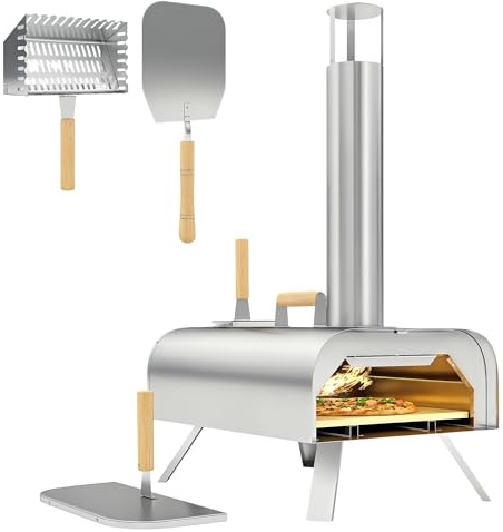 Outsunny 12 Portable Outdoor Pizza Oven for Tabletop, Stainless Steel | Foldable Legs, Chimney, Wood Pellet Pizza Oven Maker, Stone and Peel, Wood Fired, Outdoor Cooking