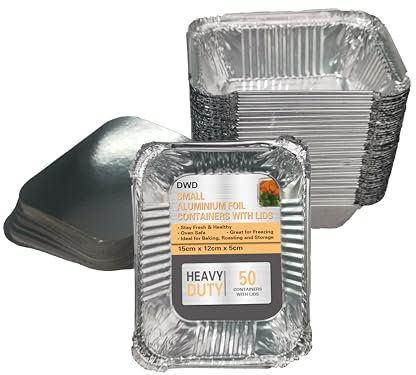 DWD Premium Small Foil Aluminium Trays Pack of 50 Heavy-Duty Deep Tin Foil Trays 15cm L x 12cm W X 5cm H with Lids Cooking Baking Roasting BBQ Meal Prep Tray Broiling Food Storage Gastronorm