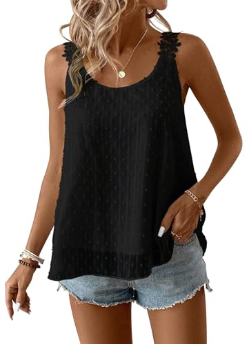 TUUHAW Vest Tops Women UK Sleeveless Summer Boho Scoop Neck Spaghetti Strap | Casual Flowy Tank Top, Basic Lace Camisole, Swiss Dot Shirt, Loose Chiffon Blouses, Spring Curved Hem Daily Wear Clothing