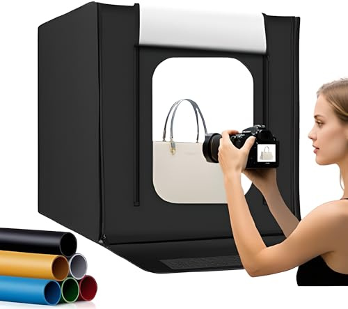 Scatola luminosa portatile per studio fotografico, kit softbox fotografico pieghevole con 6 fondali, attenuazione della temperatura a 3 colori 3000K-5600K, per la fotografia di prodotti 50cm
