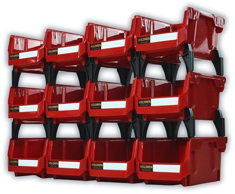 VOLDREN Gavetas organizadoras apilables - Organizador tornillos - Cubetas plastico almacenaje - Organizador cajones - Clasificador apilable taller - Estanteria gaveta herramienta (Rojo, 12)