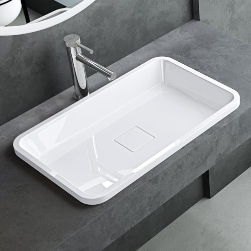 Mai & Mai Waschbecken 60x38x12cm aus Mineralguss Einbauwaschbecken | Waschtisch in Weiß hochglanz mit Ablaufabdeckung ohne Armaturenloch Colossum104