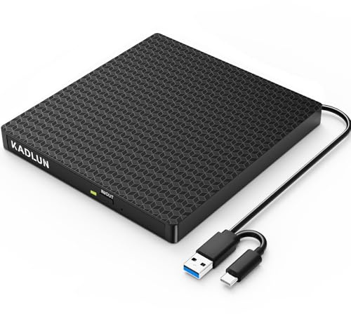 Kadlun Lecteur CD/DVD Externe pour PC, USB 3.0 et Type-C USB-C Graveur DVD Externe,Lecteur CD Externe Portable CD/DVD -/+RW Externe pour Laptop/PC/Desktops/MacBook/Win11/10/8/7/XP/Vista/Linux/MacOS