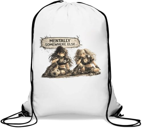 Pensive Girls Sitting with Ball Gym Sack Casual Drawstring Bag White