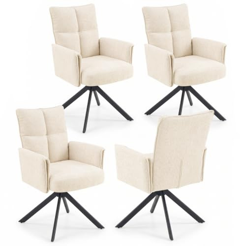 FurniSoar 4er Set Esszimmerstuhl 360° drehbar, Hohe Rückenlehne & Armlehne, Extra Dicke Polsterung, Metallbeine, Arbeits-/Schminkstuhl, Chenille, 160kg, Beige