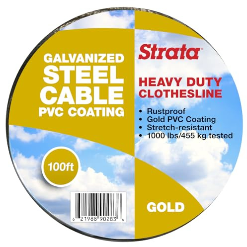 Strata Heavy Duty Outdoor Clothesline for Drying Clothes, Linen & Laundry Items – 100 FT Rustproof, Stretch-Resistant with Gold PVC Coating, 455KG Load Capacity Outdoor Clothes Line for Home