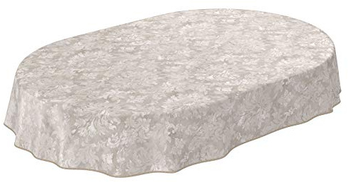 Wachstuchtischdecke abwaschbar Garten Tischdecke Wachstuch Rund Oval Eckig Indoor Outdoor Barock Rankenmuster Hellgrau-Beige Oval 180x140cm mit Saum - Eingefasst