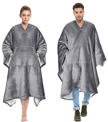 Catalonia Classy Sherpa Poncho Decke Superweiche bequeme Plüsch tragbare Fleecedecke für Erwachsene Frauen Männer Kinder Wickelhülle drinnen oder draußen, 200 x 140 cm, Grau