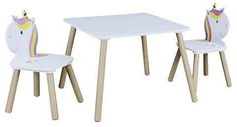 HOME DECO KIDS - HD6764 Mesa y 2 Sillas Unicornio para Niños - Muebles Decorativos para Habitación, Madera MDF y Pino, 55 x 55 x 43 cm, Blanco-Fucsia-Turquesa-Violeta