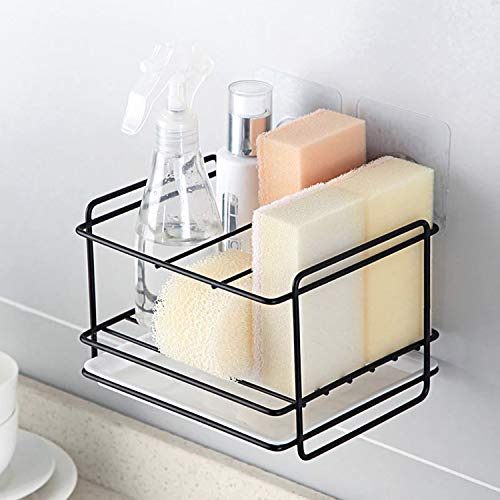 Kasimir Spülbecken Organizer, Caddy Ordnungshelfer, Küchenutensilienhalter Schwammhalter Utensilien Korb für Küche & Badezimmer mit Abflusspfanne, Klebstoff - 304 Stahl, 17,3 x 15,5 x 13,3cm, Schwarz