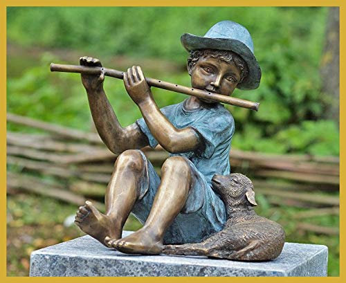 IDYL Bronze-Skulptur Flötenspieler mit Lamm | 38x43x36 cm | Kinderfigur aus Bronze handgefertigt | Gartenskulptur oder Teich-Dekoration | Hochwertiges Kunsthandwerk | Wetterfest