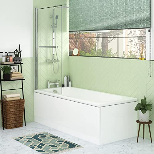 Breeze 1500 x 700mm Single Ended Round Edge Acrylic Bath + Bath Square Screen with Rail with Front & End Panel Straight Bathroom Bathtub