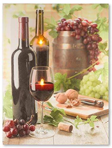 Nexos Trading LED Wandbild Leinwandbild mit Beleuchtung Fotodruck Rotwein 30 x 40 cm 2 LED warm weiß Kunstdruck Leuchtbild Wiese Vintage-Stil Weintraube Weinabend