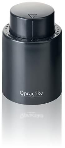 Qpractiko | Tappo Pompa di Vuoto per Vino | Nero, Plastica ABS, Chiusura in Silicone | Indicatore di tempo, Fissaggio sicuro, Design compatto | Conservazione sottovuoto
