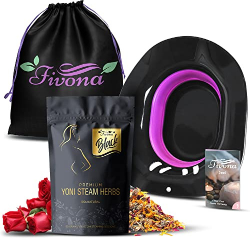 Fivona 3-in-1 Yoni Steam Kit Black - Foldable Over The Toilet Steamer Seat with Herbal Blend and Storage Bag - Effective Detox pH Balance Cleansing and Relaxation - at Home V-SPA
