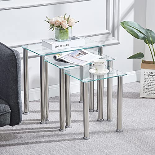 paonne Clear Glass 3 Nesting Tables with Glass Top & Metal Legs, Nesting End Coffee Table Set of 3, Living Room Glass Stacking Tea Tables Contemporary 3 Nested Side Table for Sofa/Balcony/Corner
