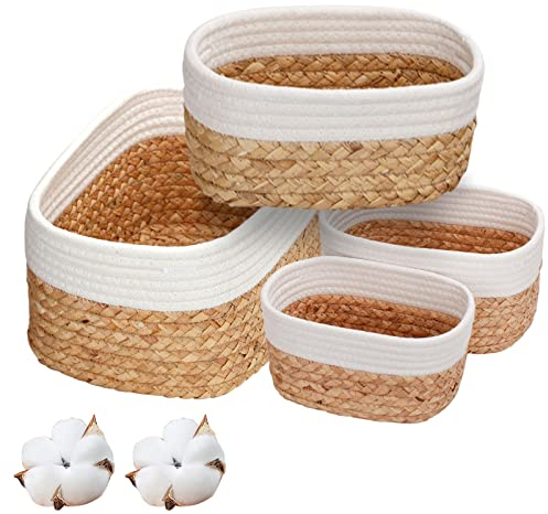 Aufbewahrungskorb Körbe aufbewahrung 4er korb geflochten Set aus Wasserhyazinthe und Baumwolle,Badezimmer bad Ordnungsbox Organizer Für dekoratives Küche Aufbewahrungsbad,Schlafzimmer