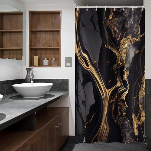 ASDCXZ Marmor Duschvorhang Schwarz Gold 120x180 cm, Modern Abstrakt Schwarz Gold Marmor Optik Textur Waschbar Bad Duschvorhänge Polyester Textil Wasserdicht Duschvorhang für Badewanne mit 8 Hake