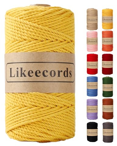 Likeecords Cotton Macrame Cord 3mm x 100m, 3 Strand Twisted, Macrame Rope, Macrame String Cotton Yarn, Macrame Yarn (Yellow)