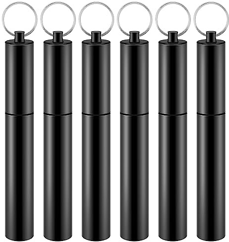 Bokon 6 Pcs Metal Storage Tube Toothpick Holders Airtight Aluminum Keychain Container Tubes - Portable Aluminum Alloy Waterproof Pill Fob for Travel, Camping, Pocket Purse (Black)