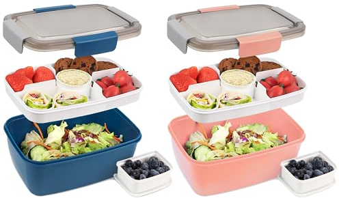 Bugucat Fiambrera Bento Box 2000ML 2 Set, Ensaladera Lunch Box con 4 Compartimentos y Cubiertos, Caja Bento a Prueba de Fugas para Adultos, Almuerzo de Plástico Caja de Bento para Microondas