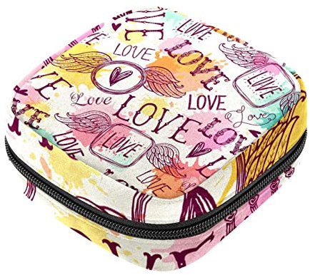 Damenbinde Aufbewahrungstasche, Feminine Produktbeutel Tragbare Periode Kit Tasche für Mädchen Frauen Damen Liebe Flügel Niedliches Muster, Mehrfarbig, 4.7x6.6x6.6 in/12x17x17 cm