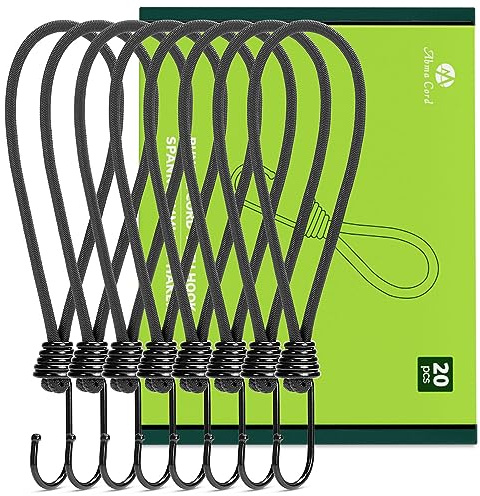 Abma Cord Presenningsklämmor med Krokar 23cm 20 Stycken Korta Spänngummi med Krokar Expanderkrok för Presenningar, Banderoller, Tält, Camping - Svart