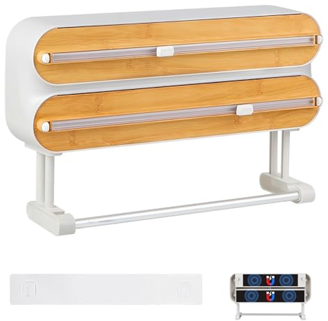 DBREAKS Wandrollenhalter Küche 3-in-1 Frischhaltefolienspender, küchenrollenhalter magnetisch, Frischhaltefolie Schneider, Alufolie Spender, Papierrollenhalter, Folienspender,Weiß