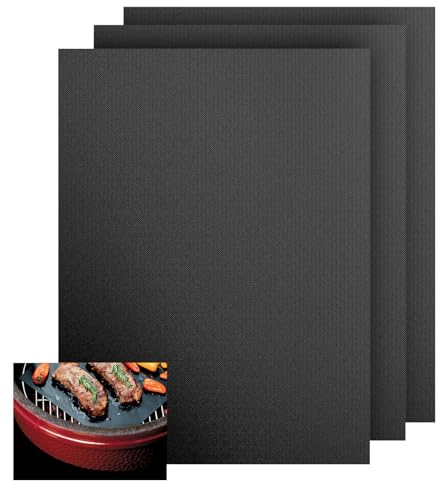 KitchenRaku BBQ Grill Mat 32X50cm, Universal Oven Liners for Bottom of Fan Assisted Ovens, Reusable Non Stick Teflon Barbecue Mats for Baking on Gas, Charcoal, Oven & Electric Grills (Black, 3PCS)
