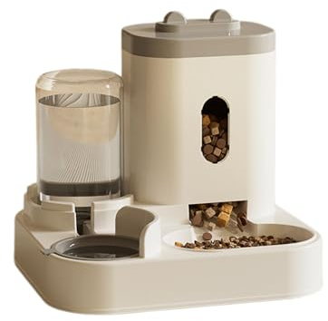 2-in-1 Katze Wasserspender Ohne Strom, Katzenfutter Spender 2 Näpfe, Futterspender Katzen Trockenfutter Reise, Futterspender Hund Flasche, für Katzen, Hunde, Kätzchen Welpen (Grau)