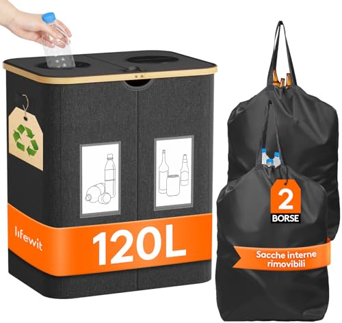 Lifewit Collecteur de Bouteilles avec Couvercle 2 Compartiment, Poubelle Tri Selectif pour Plastique, Bouteilles Verre, Poubelle Exterieur de Recyclage avec Trou, Cuisine Rangement, 120L, Gris Foncé