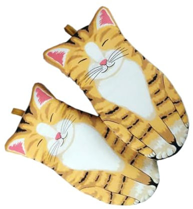 VINTORKY Heat Resistant Oven Mitts Cotton Kitchen Gloves Anti-scald Microwave Safe Professional Oven Gloves Cat Pattern Yellow Pair for Baking Cooking