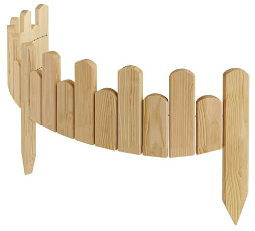 Floranica Beeteinfassung Rasenkante Höhe 15 cm Natur 100 cm lang Flexibler Gartenzaun Holz Rollzaun Steckzaun Holzzaun Palisade Mähkante Rollborder