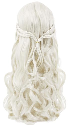 Pelucas Largas Onduladas para Mujer, 26 Pulgada/65cm Oro Blanco Peluca Sintética de Onda Natural Larga, Pelucas Mujer con Flequillo Pelo Natural Largo Ondulada, para Cosplay Fiestas Carnaval Halloween