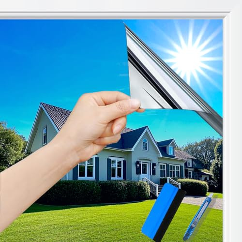 Guuteee(60X400cm Silber) Spiegelfolie Fenster Hitzeschutz | UV Folie Selbstklebend | Fensterfolie Sonnenschutz Hitzeschutz innen oder außen|Rückstandslose Thermofolie Fenster Gegen Hitze|Spiegelfolie