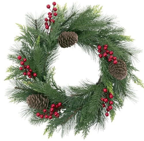 SHACOS Christmas Wreaths for Front Door 46cm Christmas Door Wreath with Red Berry Pine Cones Artificial Greenery Realistic Xmas Winter Wreath for Wall Window Holiday Decoration