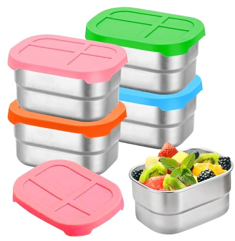 Snackbox Edelstah, 4 Stück 230ml auslaufsichere Meal Prep Boxen Edelstahl mit Silikondeckel, BPA freie, Brotdosen Klein für Kinder, Frischhaltedosen mit Deckel für Snacks, Babybrei und Dips, Salat