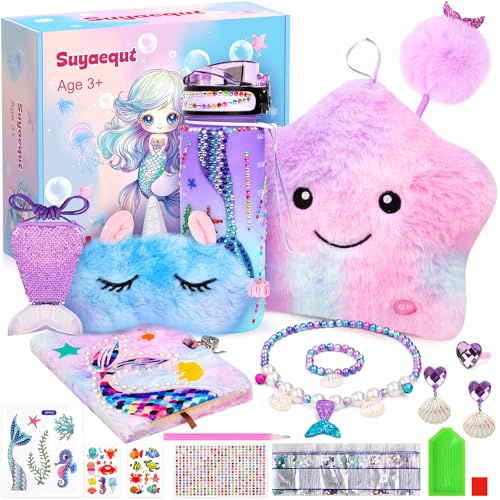 Suyaequt Mermaid Toys Gifts for Girls Age 4-6 7 8 9 10, Unique Girls Birthday Gifts Set with Locked Diary, Kids Purse, Plush Light Up Star Pillow, DIY Water Bottle Kits, for Christmas