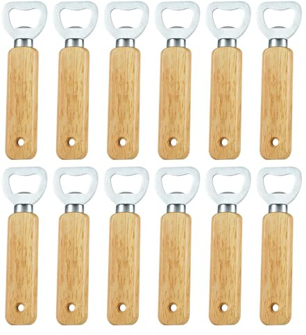 Lot de 12 décapsuleurs de bière avec poignée en bois, avec trou pour une suspension facile, parfait pour les bars à domicile et les fêtes, décapsuleurs en bois gravables, pour bar à boissons, gadgets