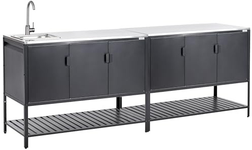 Beliani Conjunto de 2 armarios de Cocina Exterior de Acero 3 Puertas encimera de Acero Inoxidable jardín Negro con Fregadero Maenza